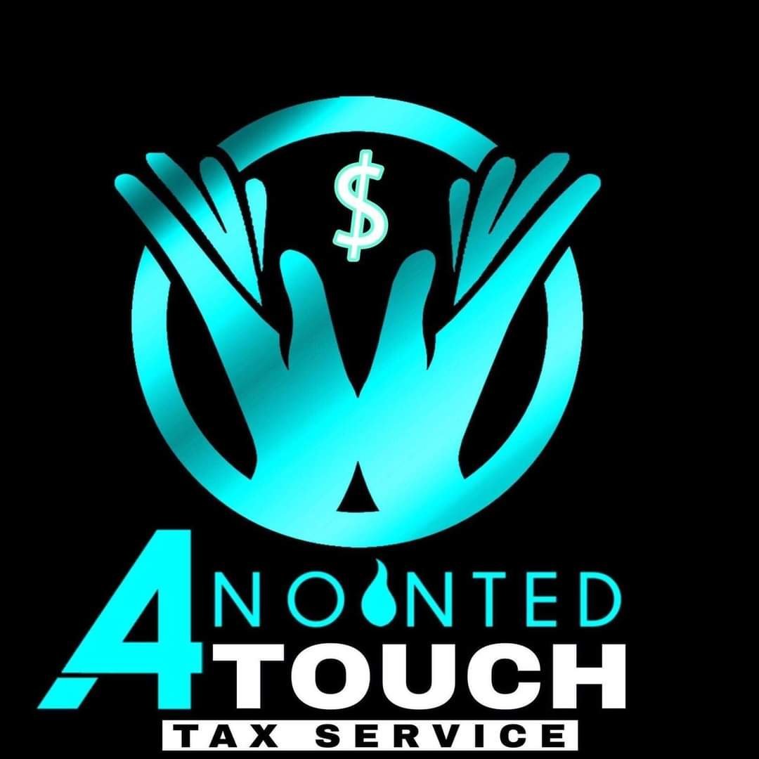 Anointed Touch Tax Service logo featuring cyan hands holding a dollar sign symbol on black background